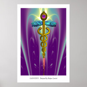 Pôster DOURADO símbolo médico CADUCEUS Ondas verdes roxas