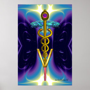 Pôster DOURADO SÍMBOLO VETERINÁRIO CADUEUS Roxo Azul