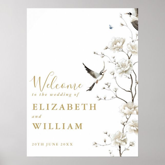 Poster Dourado Sinal de Boas-vindas do Casamento Floral C (Frente)