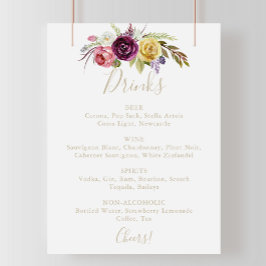 Poster Dourado sinal de menu Boho Tropical Floral Drinks