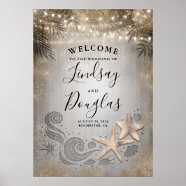 Poster Dourado Starfish Tropical Beach Weding Sinal
