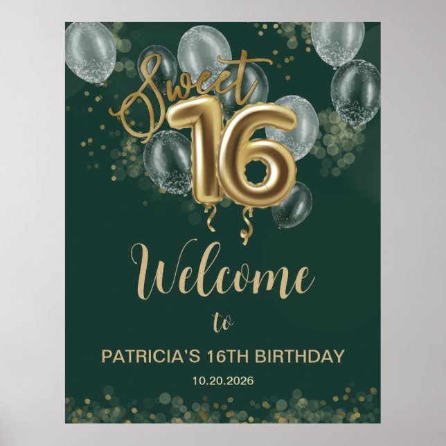 Poster Dourado Sweet 16 Balloons Emerald Green - Sinal de (Frente)
