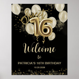 Poster Dourado Sweet 16 Bday Balloons Black Welcome Sinal