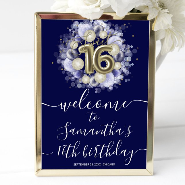 Poster Dourado Sweet 16 Bday Balloons Blue Welcome Sinal (Criador carregado)