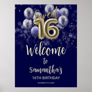 Poster Dourado Sweet 16 Bday Balloons Blue Welcome Sinal