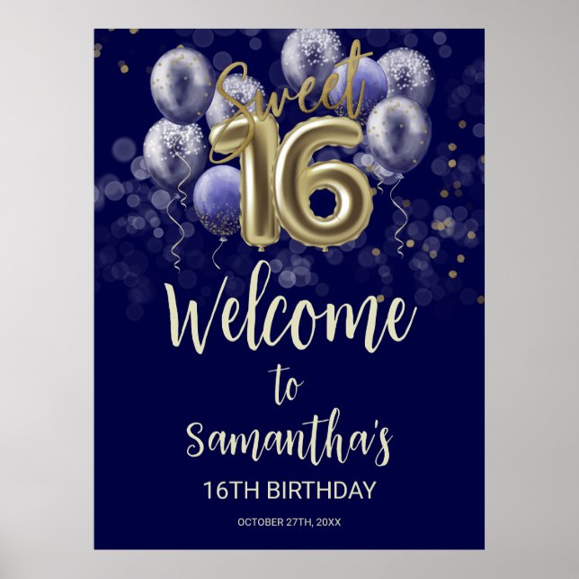 Poster Dourado Sweet 16 Bday Balloons Blue Welcome Sinal (Frente)