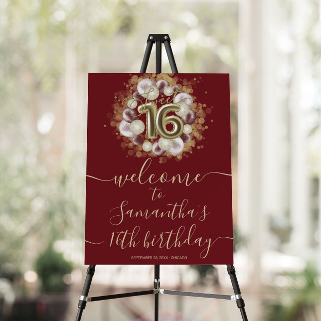 Poster Dourado Sweet 16 Bday Balloons Burgundy Sinal de B (Criador carregado)