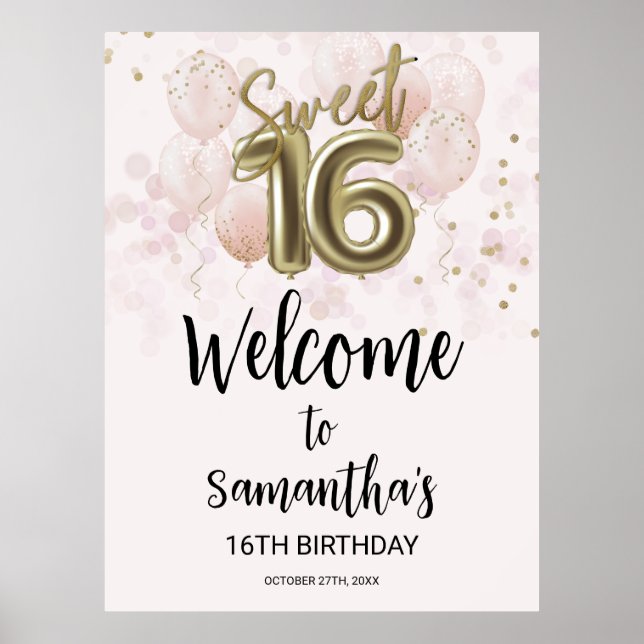 Poster Dourado Sweet 16 Bday Balloons Sinal de Boas-vinda (Frente)