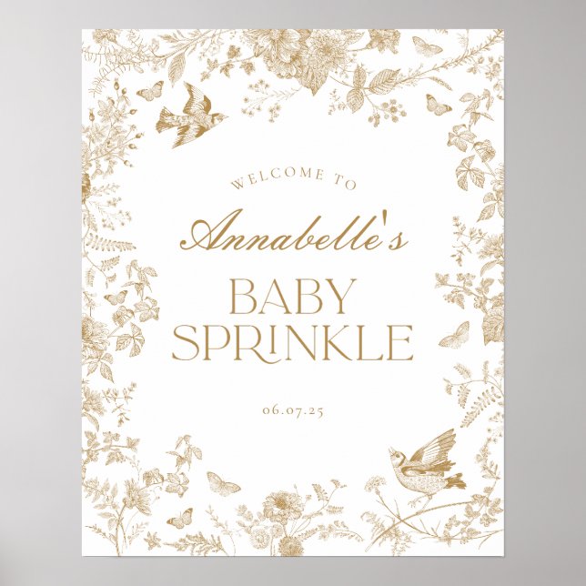 Poster Dourado Toile Jouy Floral Baby Sprinkle Sinal de B (Frente)