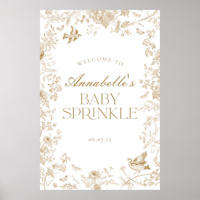 Poster Dourado Toile Jouy Floral Baby Sprinkle Sinal de B (Frente)