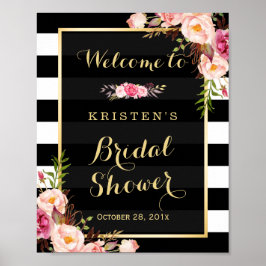 Pôster Dourado Vintage Floral Striper Chá de panela Sinal