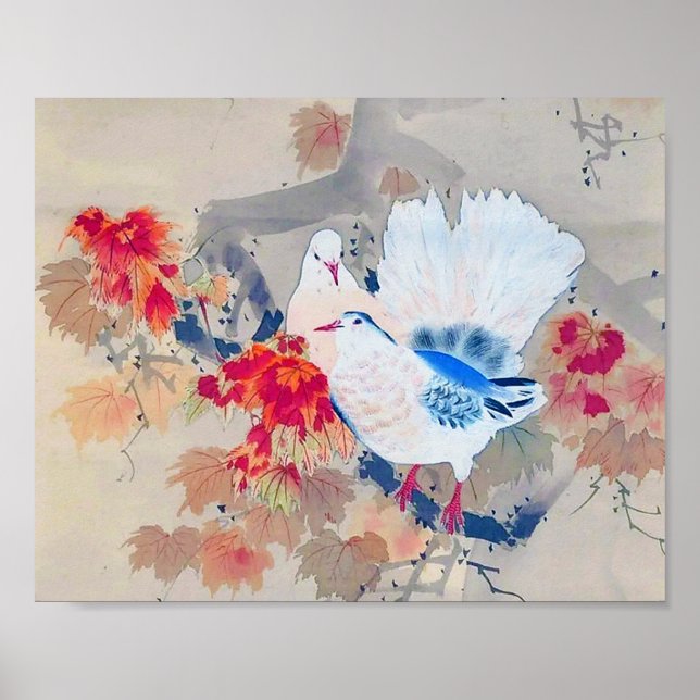 Poster Dove in Autumn Leaves, Watanabe Seitei (Frente)