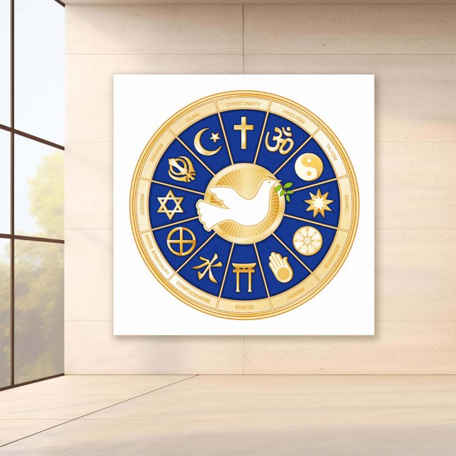 Pôster Dove of Peace (Dove of Peace inspirational world religions poster. Gold icons of world faiths. )