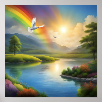 Poster Dove voando sobre uma paisagem serena