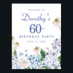 Poster Download digital Hydrangea 60th Birthday Welcome<br><div class="desc">Você pode fazer o download deste sinal de boas-vindas florais de verão imediatamente. As hidrâncias púrpuras, azuis e poeirentas misturam-se com rosas selvagens brancos e cor-de-rosa e com branco suave. O nome do celebrante de aniversário é escrito em uma fonte de script fácil de ler. O ano e a data...</div>
