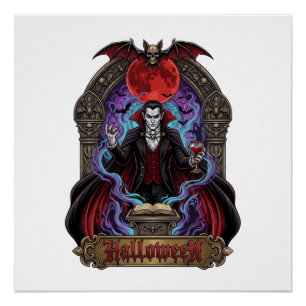 Pôster Drácula de Halloween Lua Vermelha Morcegos Caveira