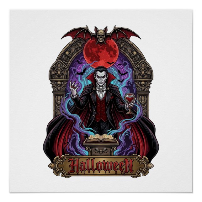 Pôster Drácula de Halloween Lua Vermelha Morcegos Caveira (Frente)