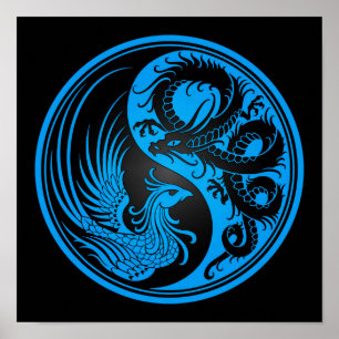 Poster Dragão azul e preto Phoenix Yin Yang