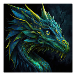Pôster Dragão azul-fantasma verde com olhos amarelos arte