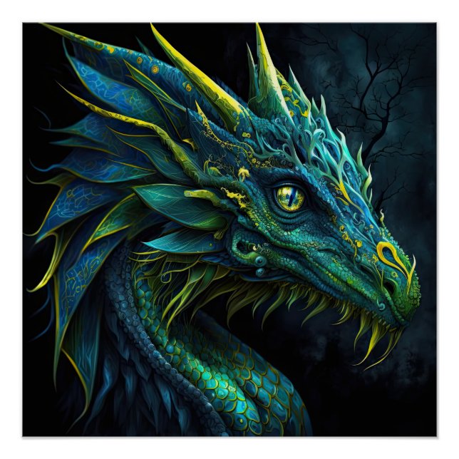 Pôster Dragão azul-fantasma verde com olhos amarelos arte (Frente)