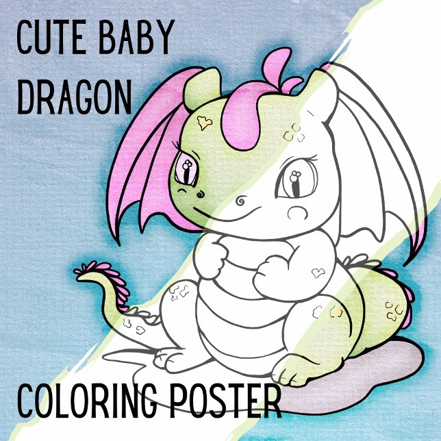 Poster Dragão-Bebê-Cujo Dragão - Grande Página de Coloraç (Cute Baby Dragon Coloring Poster. A Large Coloring Page experience hand illustrated by Suzy LeeLo.)
