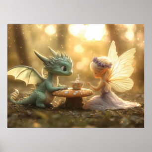 Poster Dragão-Bebê-Cute e Fada Apreciando Chá