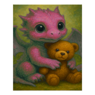 Pôster Dragão Bebê Rosa-Rosa-Rosa-Rosa-Bonito com Urso-Te