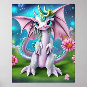 Poster Dragão Bebê Sorridente e Bonito com Flores