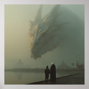 Poster Dragão Branco Gigante Sobre o Cais da Cidade Nebul