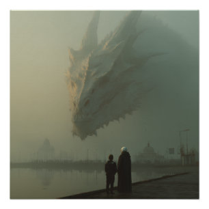 Pôster Dragão Branco Gigante Sobre o Cais da Cidade Nebul
