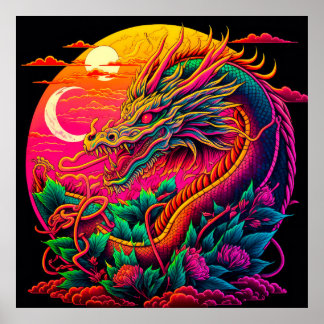 Poster Dragão Chinês Colorido Neon Design