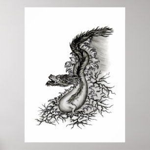 Pôster Dragão chinês, Design preto e branco em tatuostilo