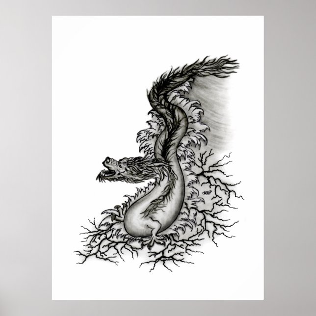 Pôster Dragão chinês, Design preto e branco em tatuostilo (Frente)
