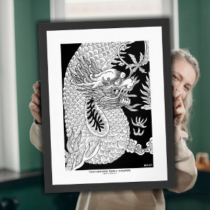 Poster Dragão Chinês Esboço de Tinta Preta e Branca