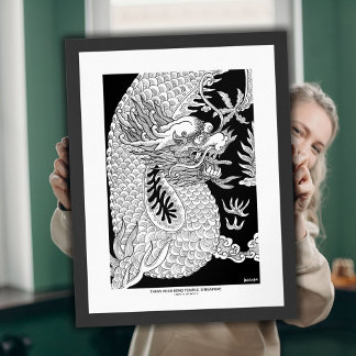 Poster Dragão Chinês Esboço de Tinta Preta e Branca