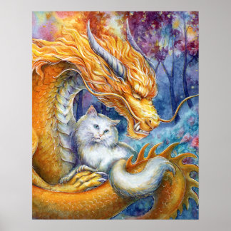 Poster Dragão Chinês & Gato Branco em Aquarela Florestal