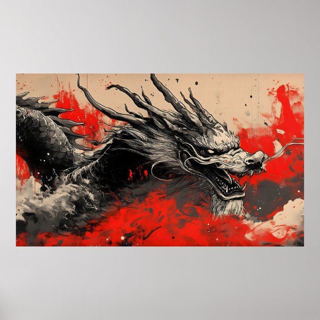 Poster Dragão Chinês Majestoso com Placa Vermelha (Frente)