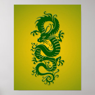Poster Dragão chinês tribal verde e amarelo