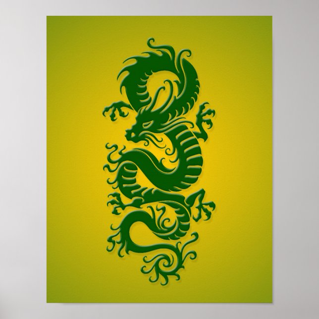 Poster Dragão Chinês Verde e Amarelo Tribal (Frente)