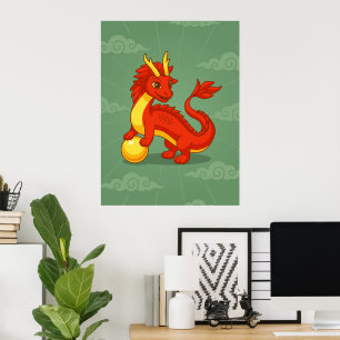 Poster Dragão Chinês Vermelho sobre Verde