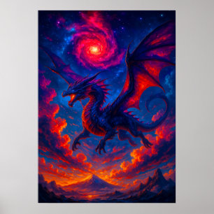 Poster Dragão Cósmico Voando Através de Fiery Sky Fantasy