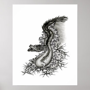 Pôster Dragão da China, Design Preto e Branco em Estilo d