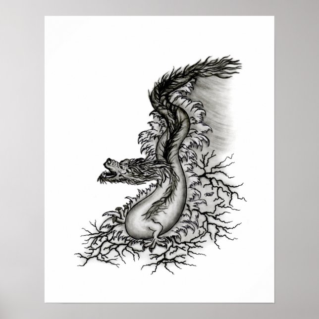 Pôster Dragão da China, Design Preto e Branco em Estilo d (Frente)