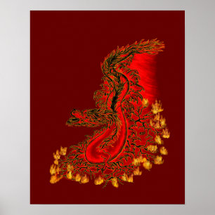 Poster Dragão da China design vermelho e dourado