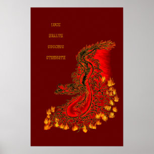 Poster Dragão da China design vermelho e dourado
