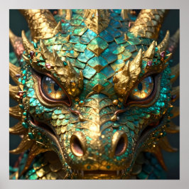 Poster Dragão de Rosto Turquesa e Dourado