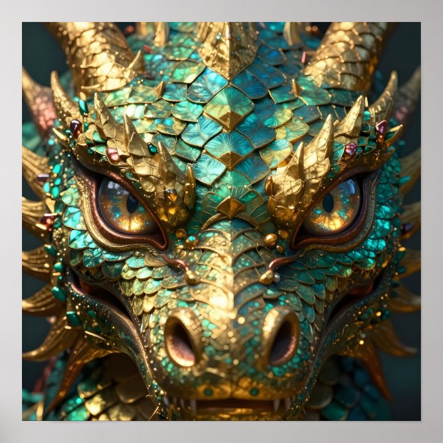 Poster Dragão de Rosto Turquesa e Dourado (Frente)