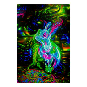Pôster Dragão do Coelho Psicodélico em Neon Fantasy