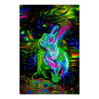 Pôster Dragão do Coelho Psicodélico em Neon Fantasy
