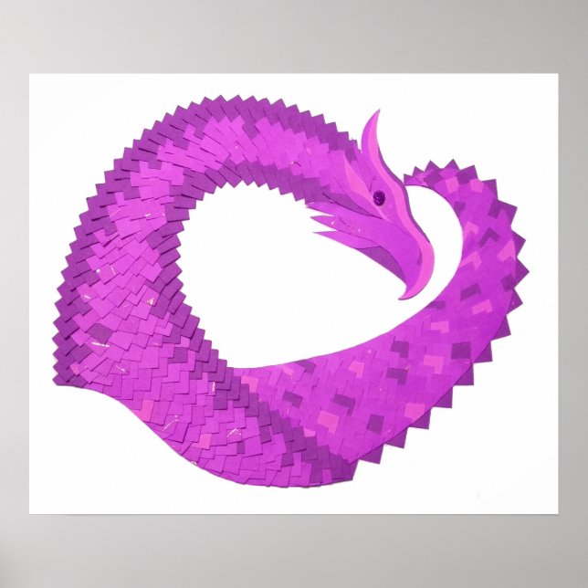 Poster Dragão do coração roxo brilhante em branco (Frente)